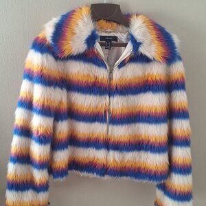 Forever 21 faux fur zip-up jacket in a multicolor striped pattern.